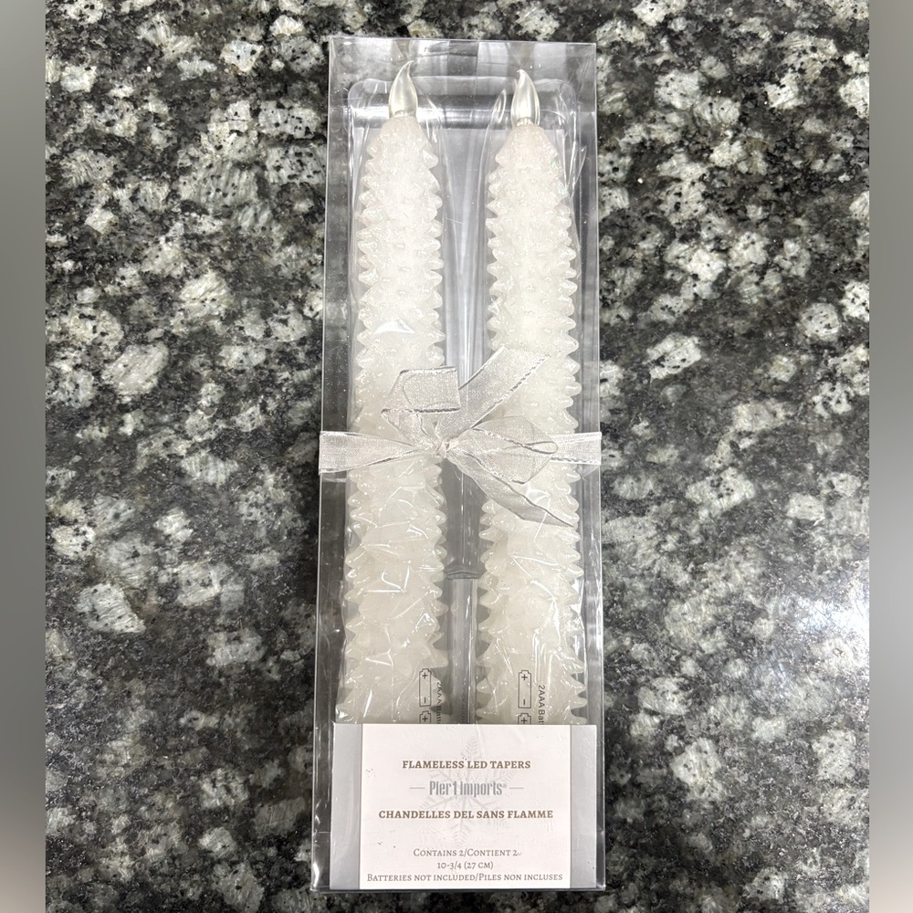 New-Pier 1 Taper Candles Flameless LED White Snow Covered Glitter Tree